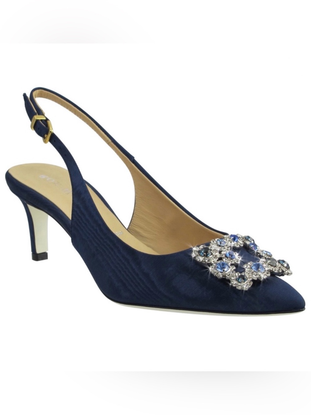 Navy Queenie Slingback Pump with Crystal Brooch - Ron White